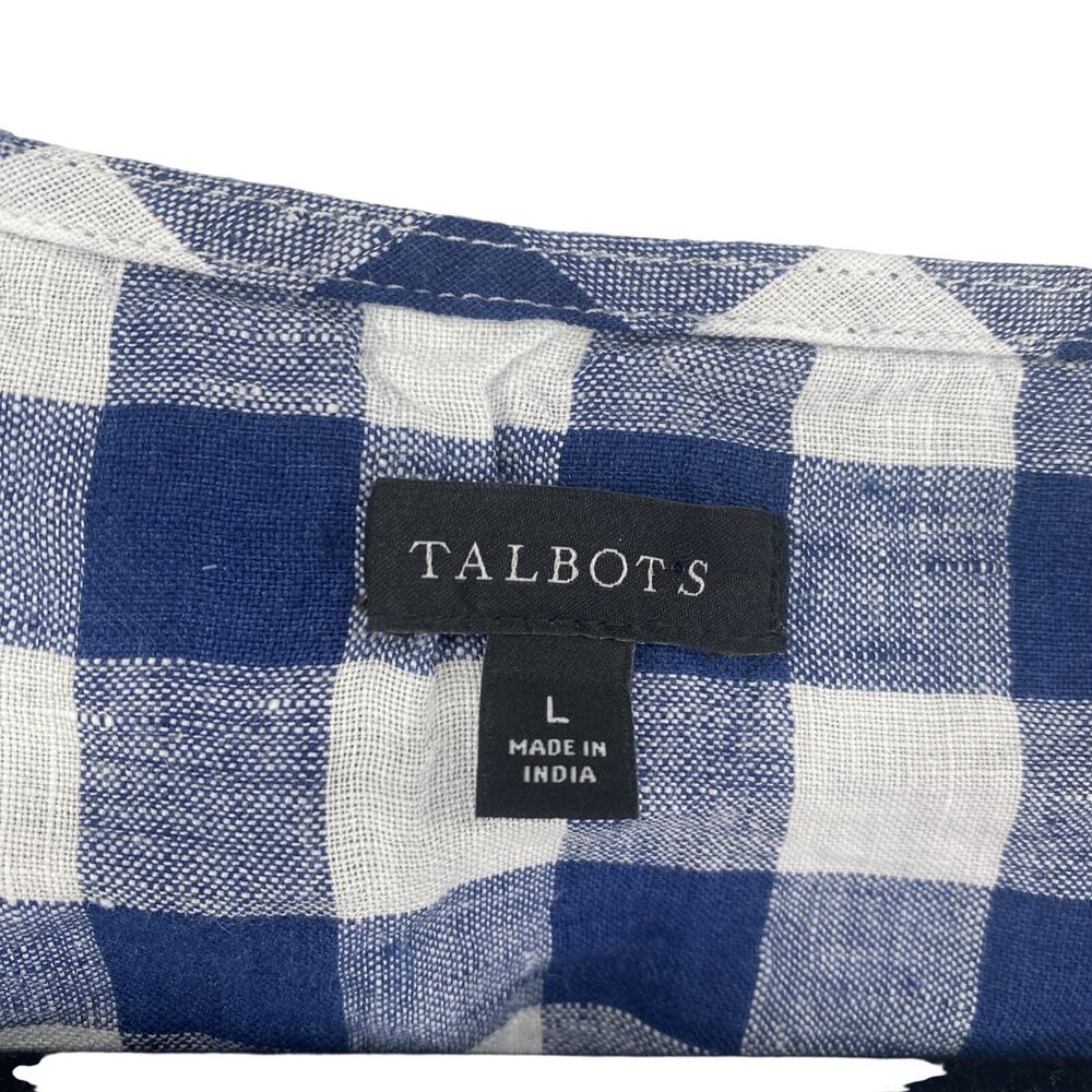Talbots 100% Linen Blue White Plaid Check Top Blouse Sleeveless Summer L - Picture 2 of 5